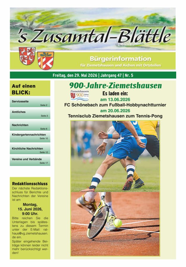 's Zusamtal-Blättle Bürgerinformationen für Ziemetshausen und Aichen mit OTen Titelblatt 05/2026