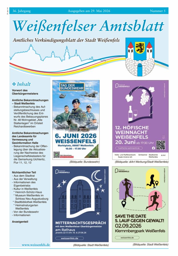 Weißenfelser Amtsblatt – Amtliches Verkündungsblatt der Stadt Weißenfels Titelblatt 05/2026