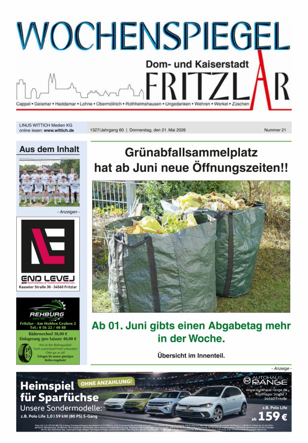Wochenspiegel Dom- und Kaiserstadt Fritzlar Titelblatt 21/2026