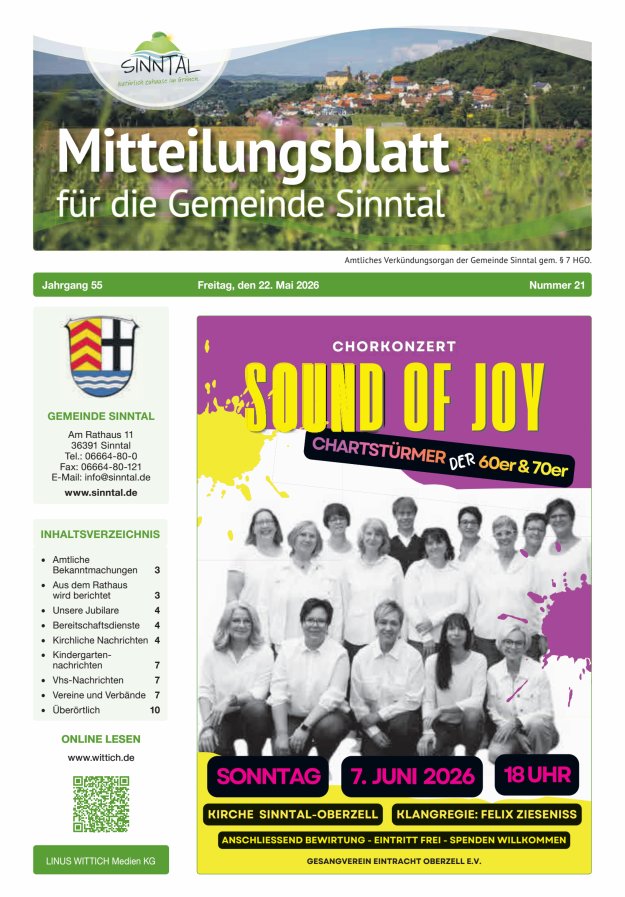 Mitteilungsblatt für die Gemeinde Sinntal Titelblatt 21/2026