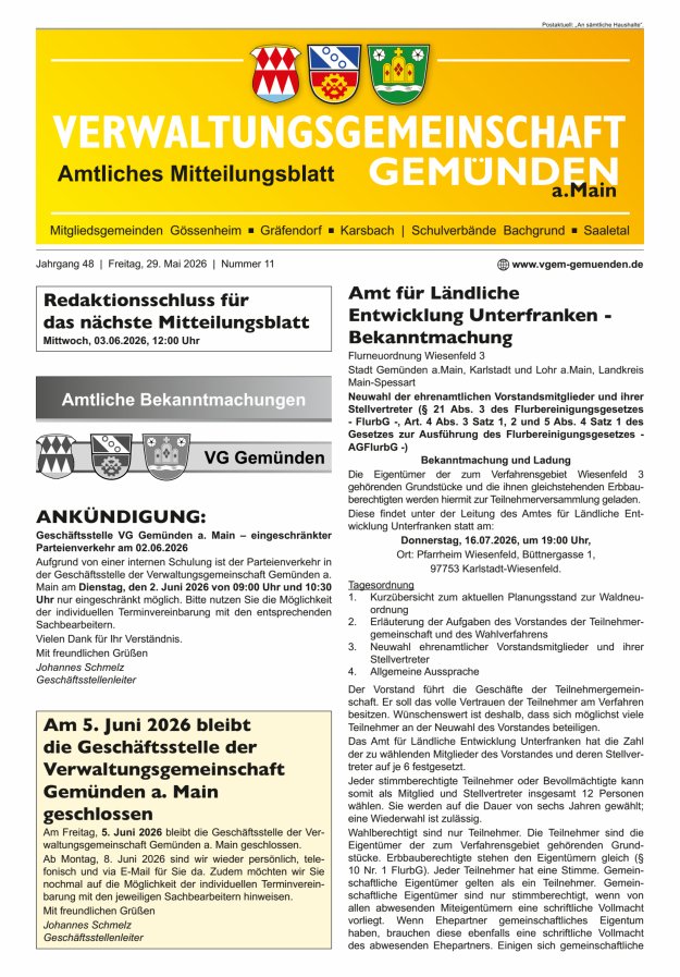 Mitteilungsblatt der VG Gemünden a Main Titelblatt 11/2026