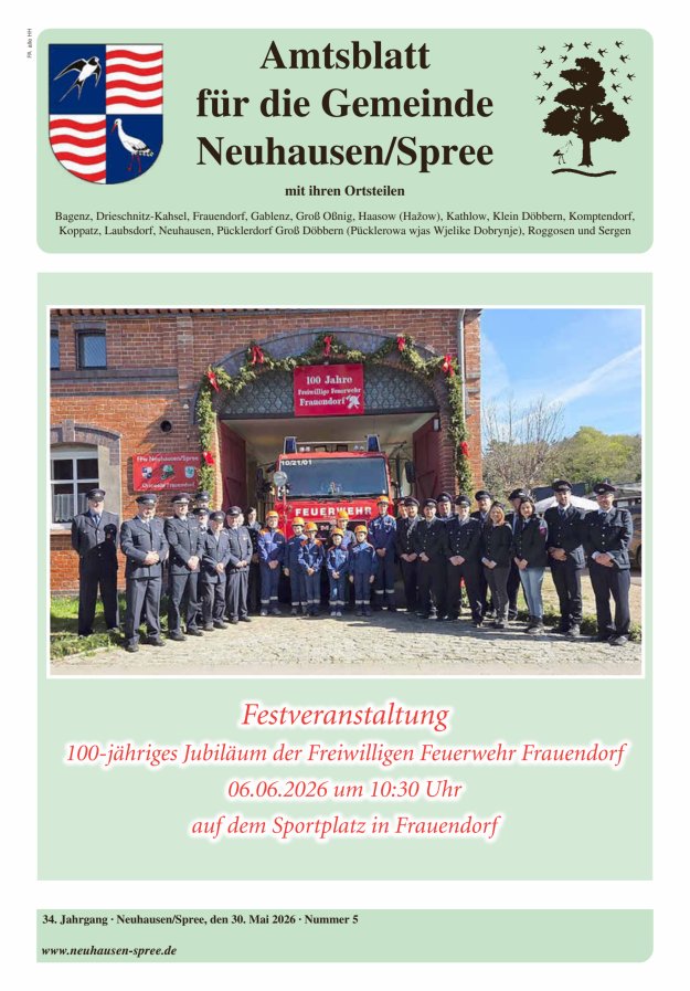 Mitteilungsblatt – Amtsblatt für die Gemeinde Neuhausen/Spree Titelblatt 05/2026