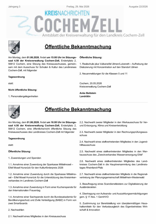 Kreisnachrichten Cochem-Zell Titelblatt 22/2026