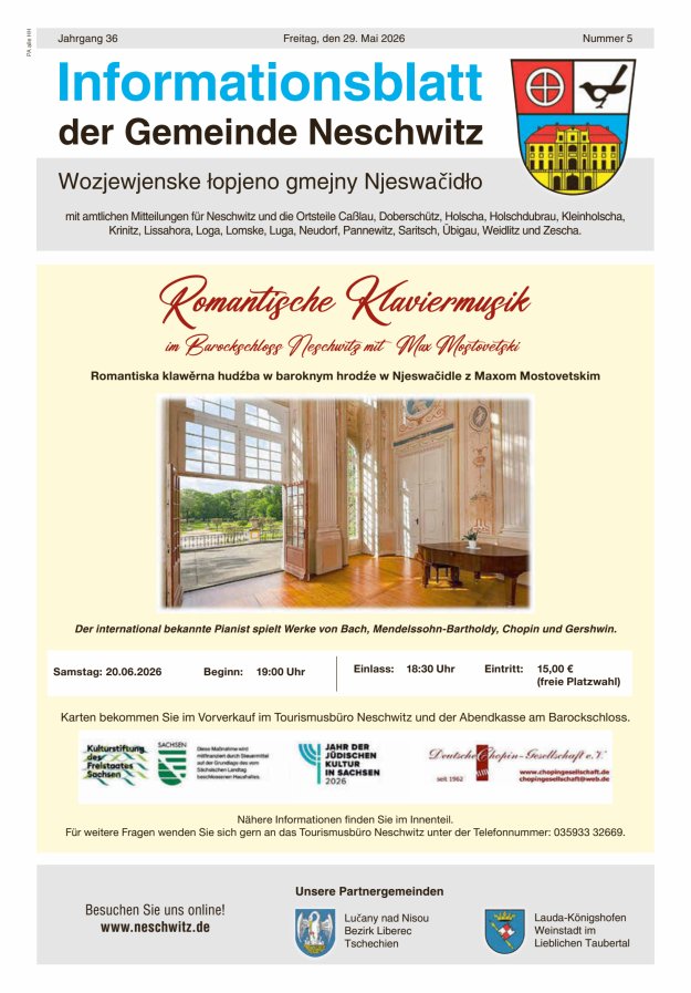 Informationsblatt der Gemeinde Neschwitz mit amtlichen Mitteilungen Titelblatt 05/2026