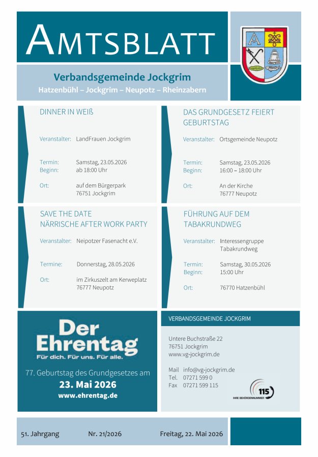 Amtsblatt VG Jockgrim Titelblatt 21/2026