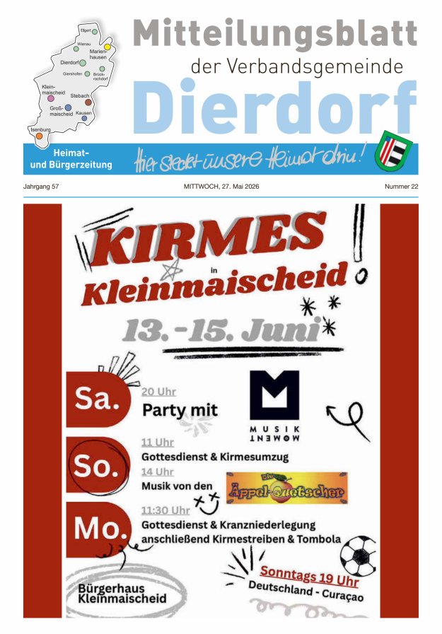 Mitteilungsblatt der Verbandsgemeinde Dierdorf Titelblatt 22/2026