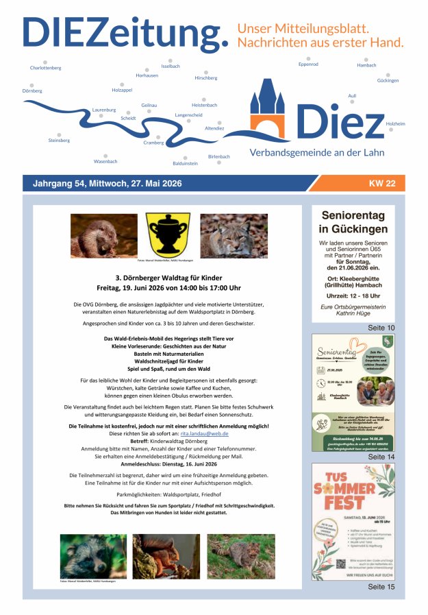 DIEZeitung - Mitteilungsblatt der Verbandsgemeinde Diez  Titelblatt 22/2026