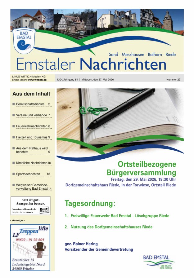 Emstaler Nachrichten Titelblatt 22/2026