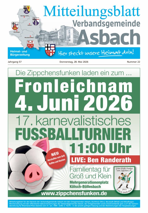 Mitteilungsblatt Verbandsgemeinde Asbach Titelblatt 22/2026