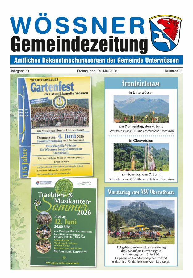 Wössner Gemeindezeitung Amtliches Bekanntmachungsorgan der Gemeinde Unterwössen Titelblatt 11/2026