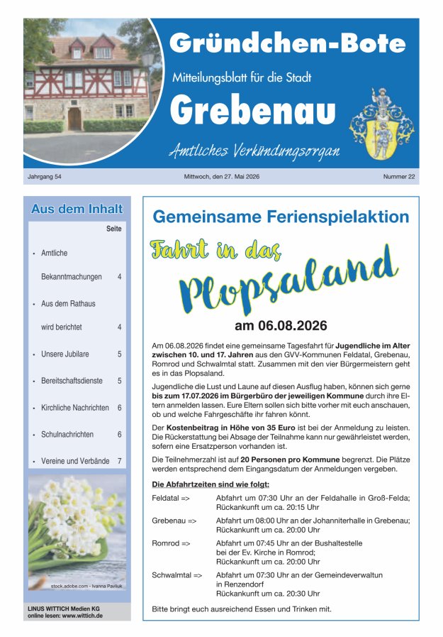 Grebenau - Gründchen Bote - Mitteilungsblatt für die Stadt Grebenau Titelblatt 22/2026