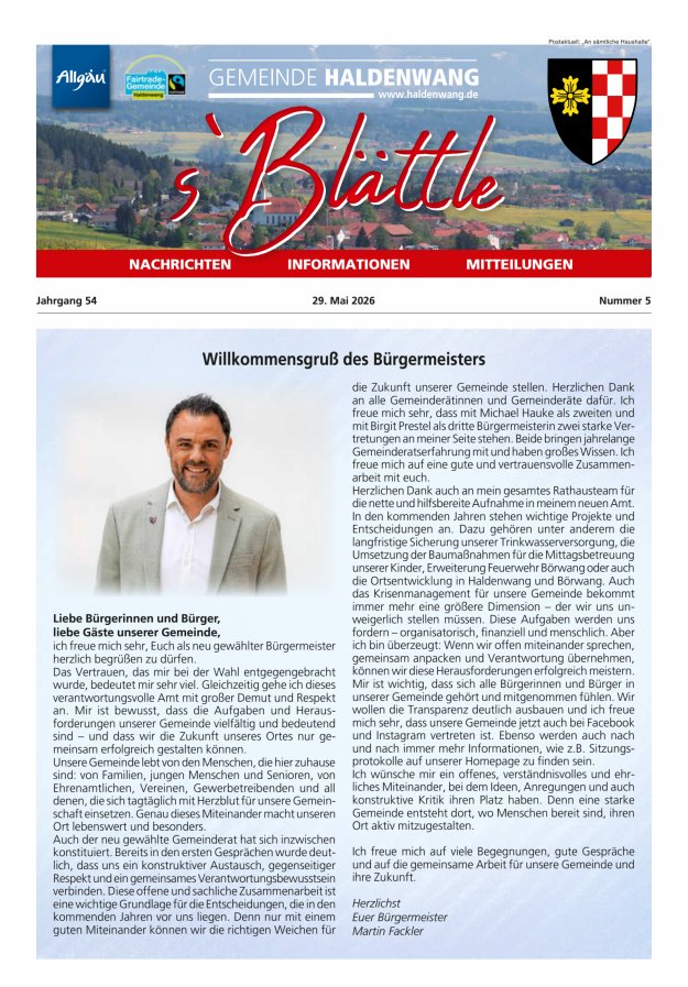 sBlättle der Gemeinde Haldenwang Titelblatt 05/2026
