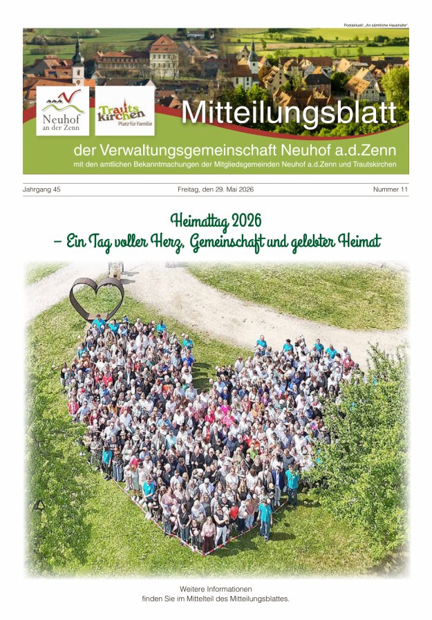 Mitteilungsblatt der Verwaltungsgemeinschaft Neuhof an der Zenn mit den amtlichen Bekanntmachungen der Mitgliedsgemeinden Neuhof an der Zenn und Trautskirchen Titelblatt 11/2026