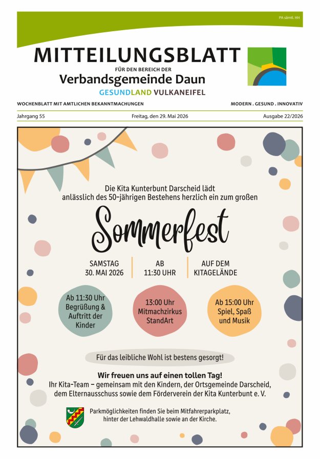 Mitteilungsblatt VG Daun Titelblatt 22/2026