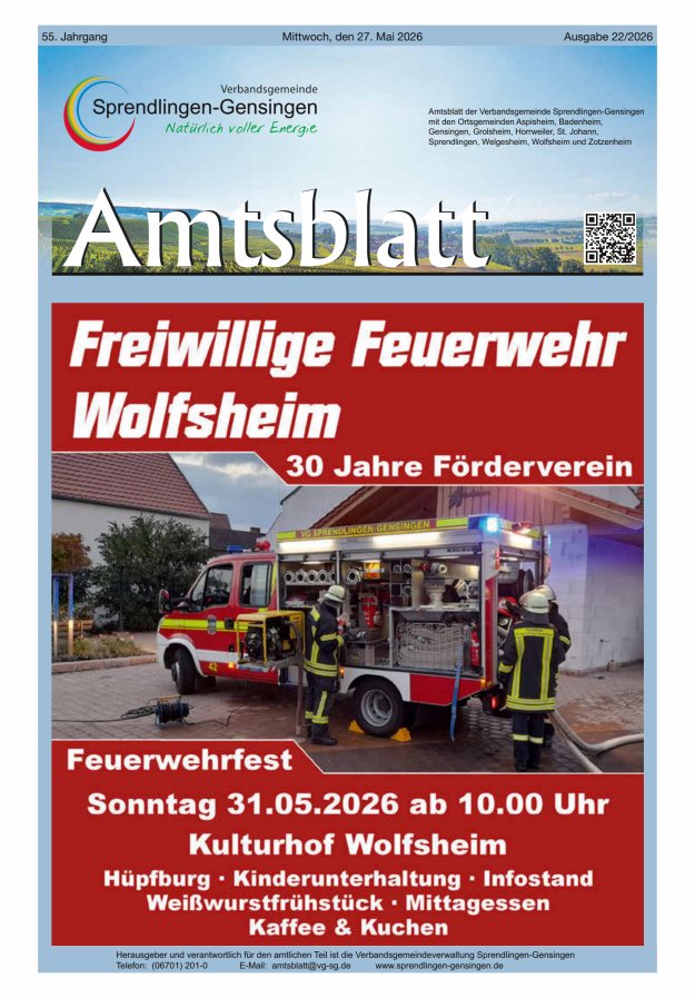 Amtsblatt VG Sprendlingen-Gensingen Titelblatt 22/2026