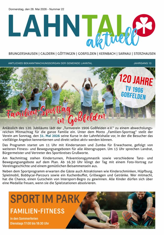 Amtliches Bekanntmachungsorgan der Gemeinde Lahntal Titelblatt 22/2026