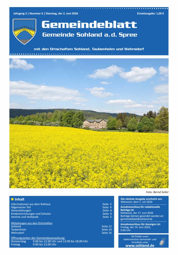 Amtsblatt der Gemeinde Sohland a. d. Spree mit den Ortschaften Sohland, Taubenheim und Wehrsdorf Titelblatt 06/2026