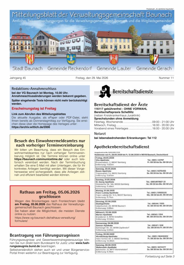 Mitteilungsblatt Verwaltungsgemeinschaft Baunach Titelblatt 11/2026
