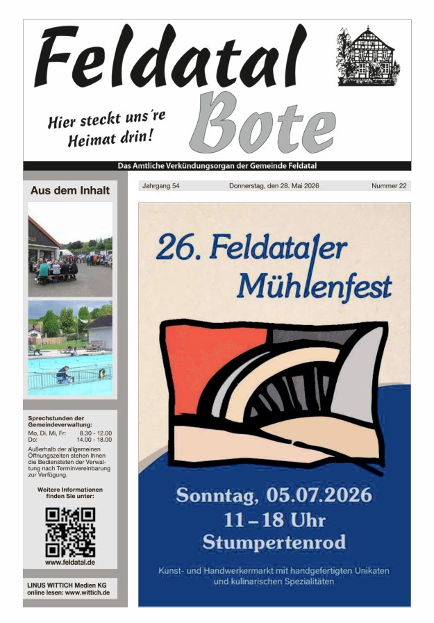 Das Amtliche Verkündungsorgan der Gemeinde Feldatal Titelblatt 22/2026