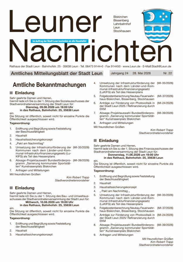 Leuner Nachrichten Titelblatt 22/2026