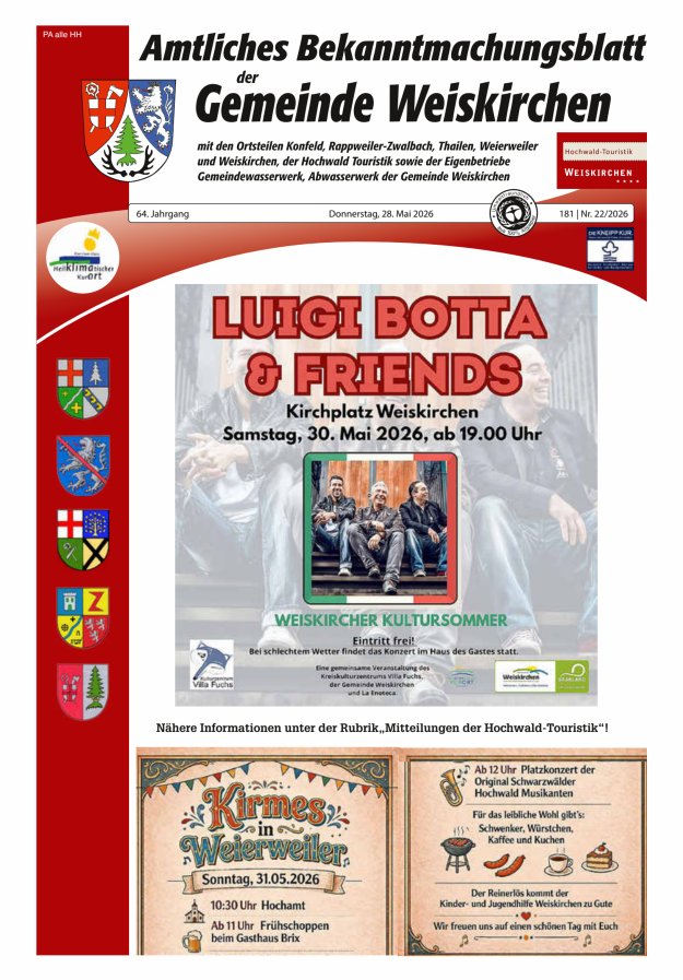 Amtliches Bekanntmachungsblatt der Gemeinde Weiskirchen Titelblatt 22/2026