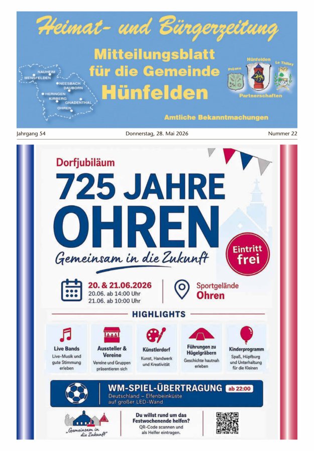 Mitteilungsblatt für die Gemeinde Hünfelden Titelblatt 22/2026