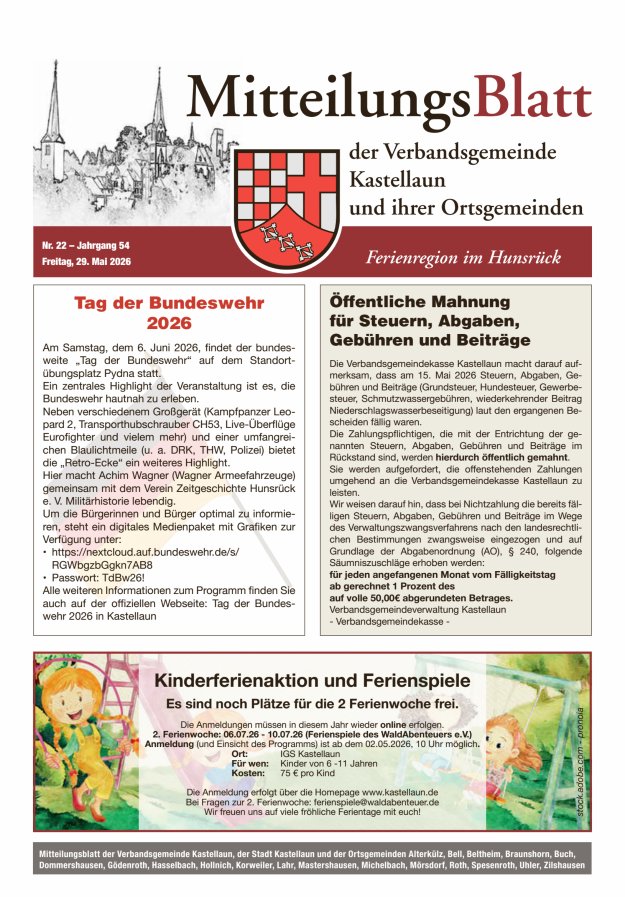 Mitteilungsblatt Kastellaun Titelblatt 22/2026