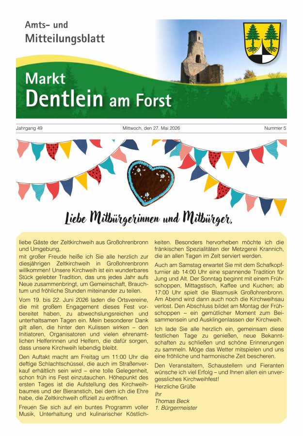 Amts- und Mitteilungsblatt Markt Dentlein am Forst Titelblatt 05/2026