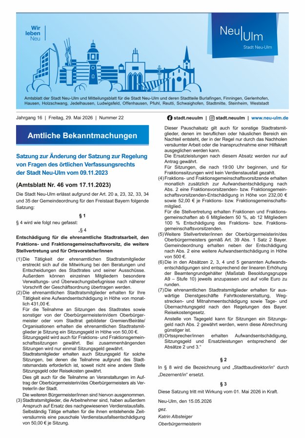 Amtsblatt der Stadt Neu-Ulm und Mitteilungsblatt für die Stadt Neu-Ulm Titelblatt 22/2026