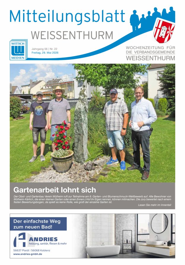 Mitteilungsblatt für den Bereich der Verbandsgemeinde Weißenthurm Titelblatt 22/2026