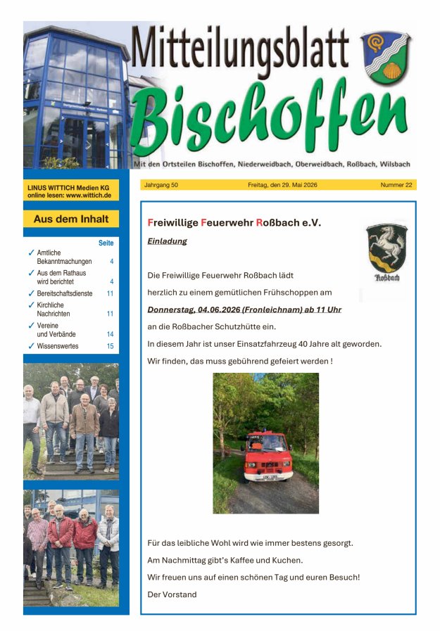 Mitteilungsblatt für die Gemeinde Bischoffen Titelblatt 22/2026