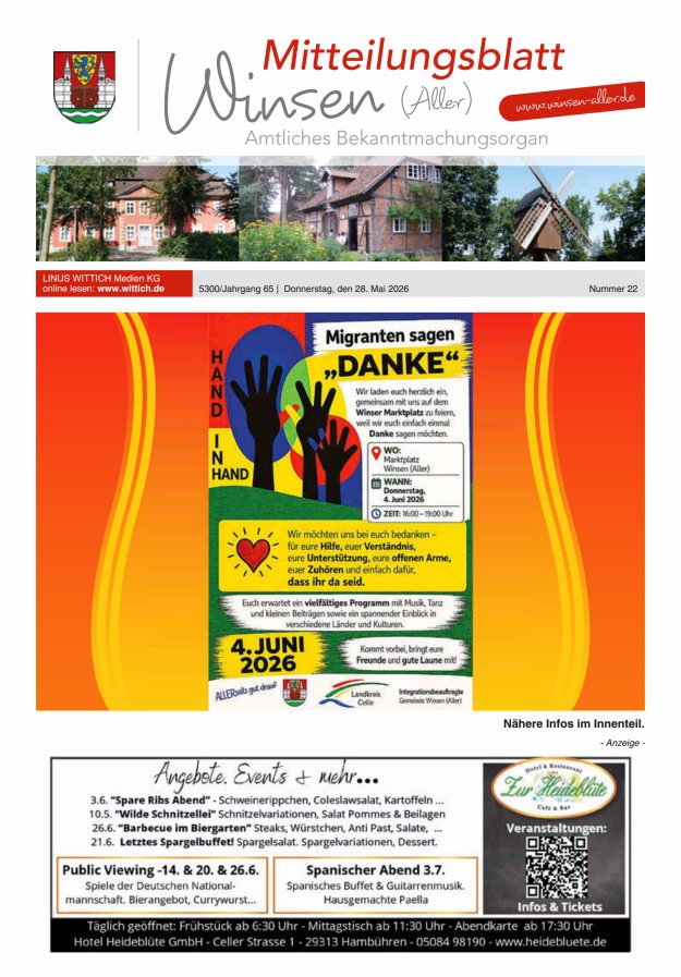 Mitteilungsblatt der Gemeinde Winsen Titelblatt 22/2026
