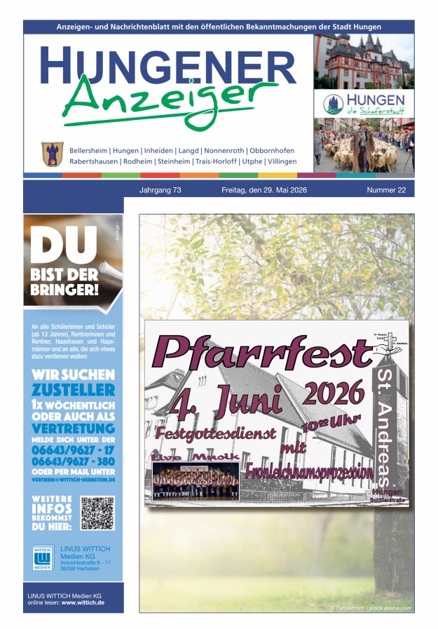 Anzeigen- und Nachrichtenblatt mit den öff  Bekanntmachungen der Stadt Hungen Titelblatt 22/2026