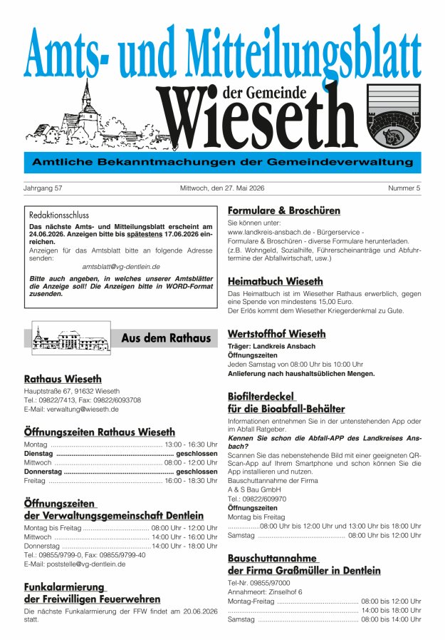 Amts- und Mitteilungsblatt der Gemeinde Wieseth Titelblatt 05/2026