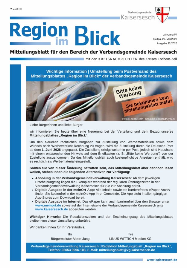 Region im Blick VG Kaisersesch Titelblatt 22/2026