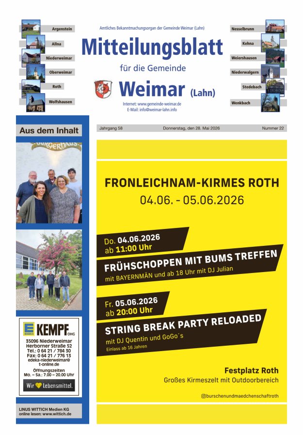 Mitteilungsblatt für die Gemeinde Weimar Titelblatt 22/2026