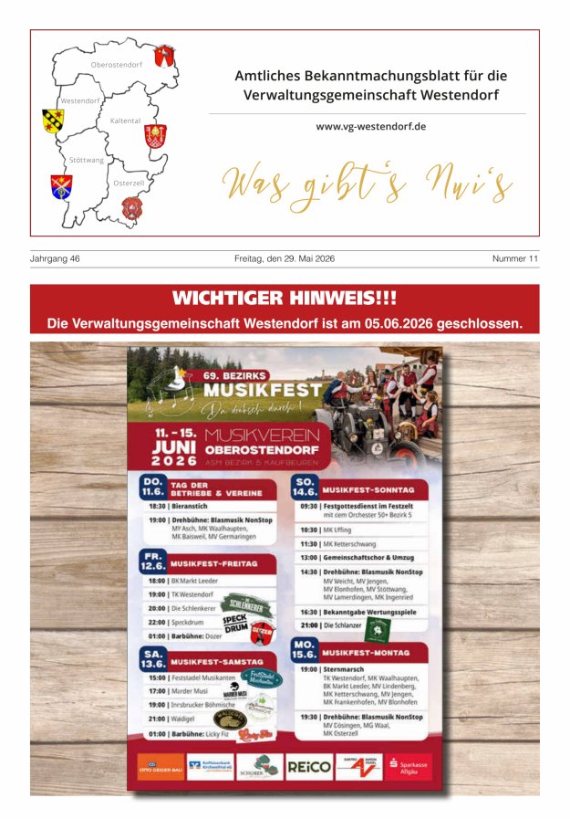 Was gibt's Nui's Amtliches Bekanntmachungsblatt für die VG Westendorf Titelblatt 11/2026