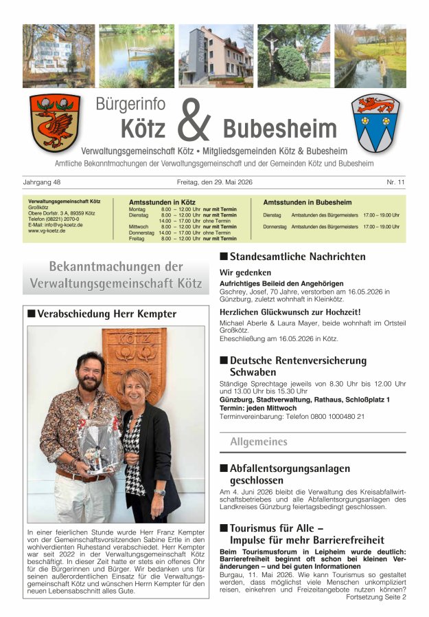 Amtsblatt der VG Kötz und der Mitgliedsgemeinden Titelblatt 11/2026