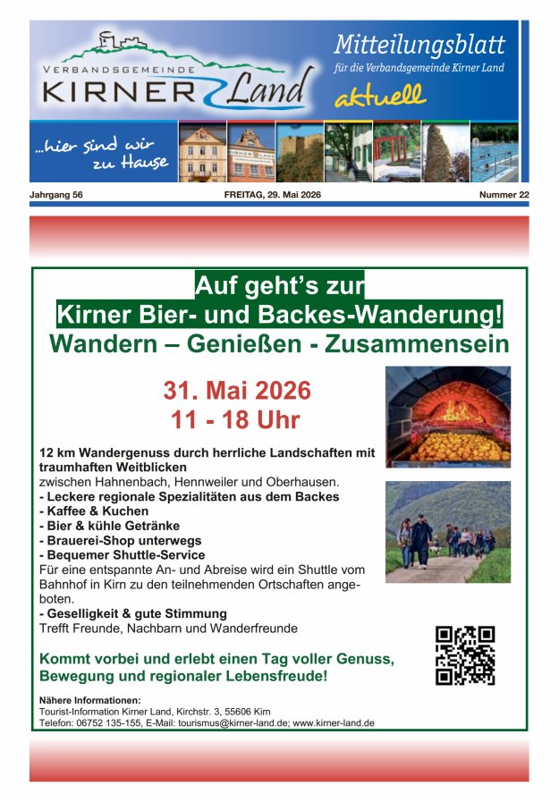 Mitteilungsblatt für den Bereich der Verbandsgemeinde Kirner Land Titelblatt 22/2026