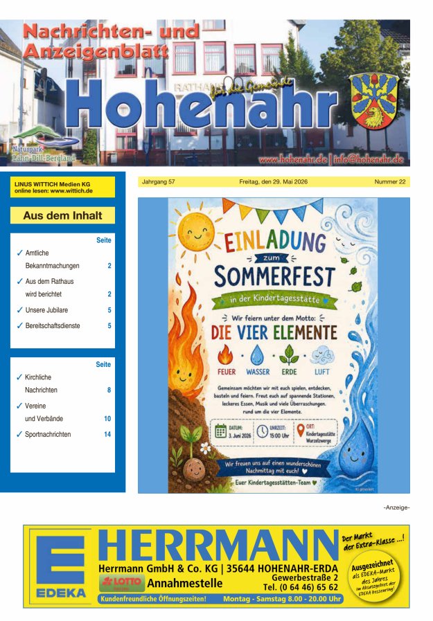 Nachrichten- und Anzeigenblatt für die Gemeinde Hohenahr Titelblatt 22/2026
