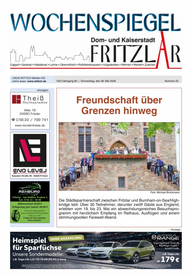 Wochenspiegel Dom- und Kaiserstadt Fritzlar Titelblatt 22/2026