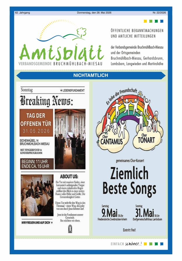 Amtsblatt der VG Bruchmühlbach-Miesau Titelblatt 22/2026