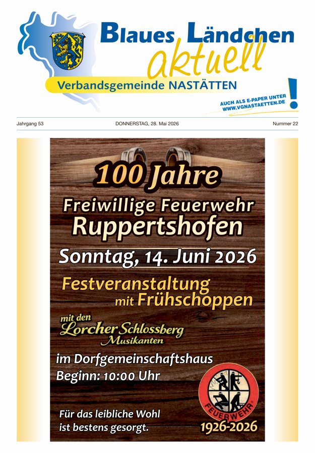 Blaues Ländchen aktuell - Heimat- u Bürgerzeitung VG Nastätten Titelblatt 22/2026