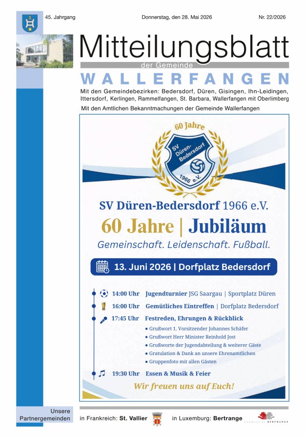 Mitteilungsblatt Gemeinde Wallerfangen Titelblatt 22/2026