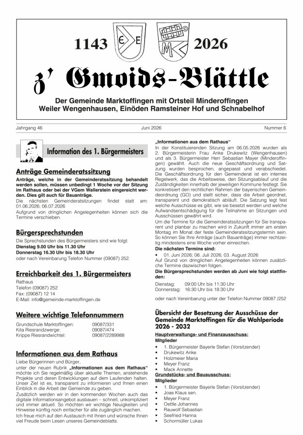 z'Gmoids-Blättle der Gemeinde Marktoffingen mit Ortsteilen Titelblatt 06/2026