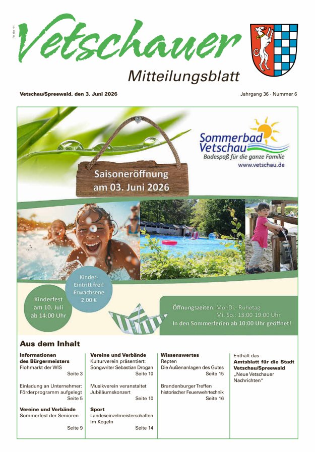 Vetschauer Mitteilungsblatt - Neue Vetschauer Nachrichten (Amtsblatt) Titelblatt 06/2026