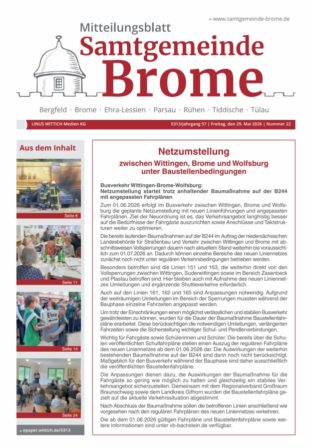 Mitteilungsblatt der Samtgemeinde Brome Titelblatt 22/2026