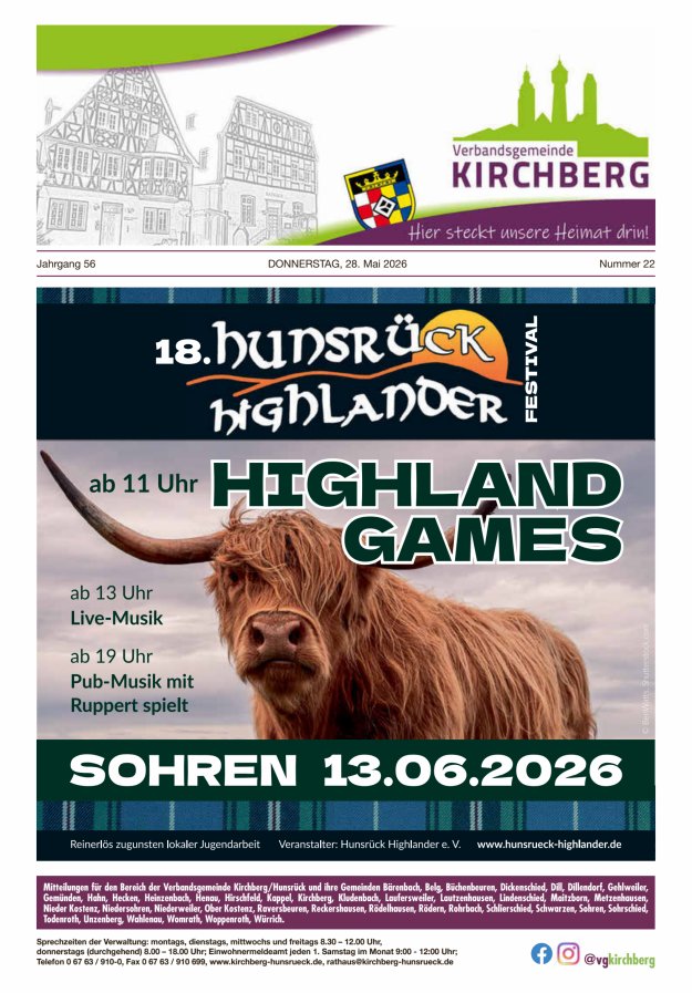 Mitteilungen der Verbandsgemeinde Kirchberg Hunsrück Titelblatt 22/2026
