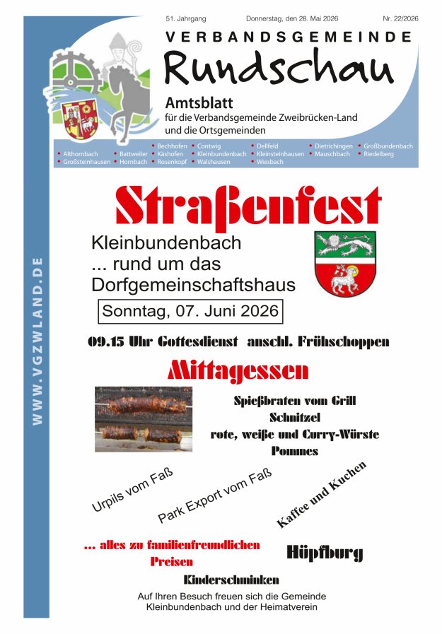 Verbandsgemeinde Rundschau Zweibrücken-Land Titelblatt 22/2026