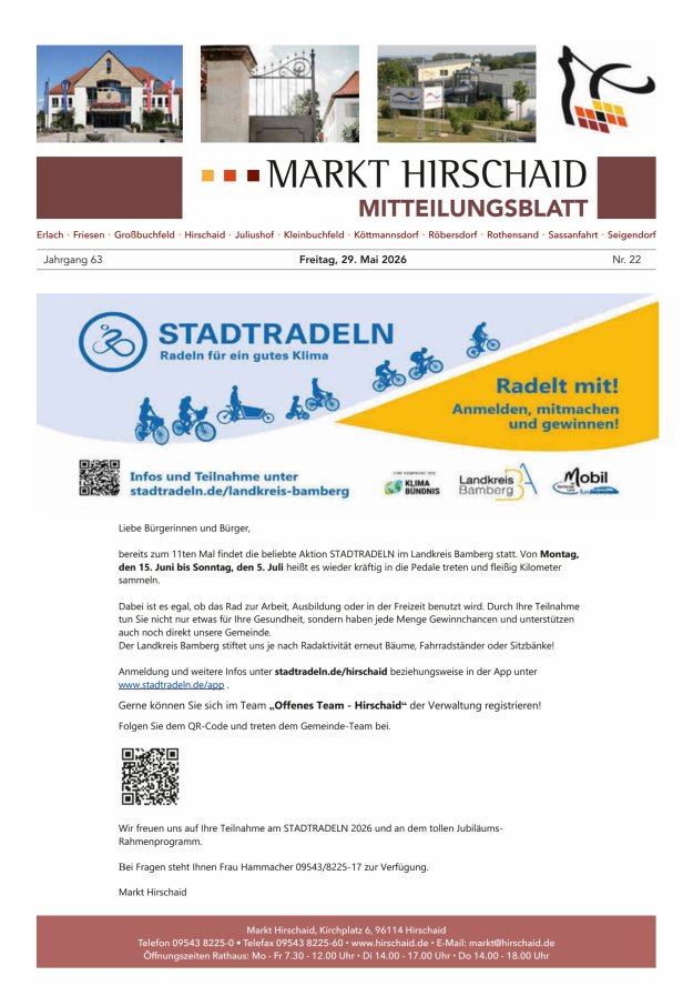 Mitteilungsblatt Markt Hirschaid Titelblatt 22/2026